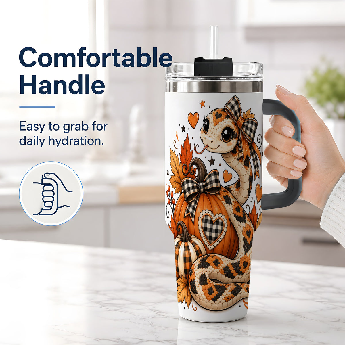 #pl[40oz|Black] Cute Fall Snake 40oz Tumbler, Maple Leaf Pumpkin Seasonal Artwork