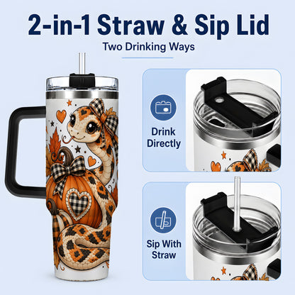 #pl[40oz|Black] Cute Fall Snake 40oz Tumbler, Maple Leaf Pumpkin Seasonal Artwork