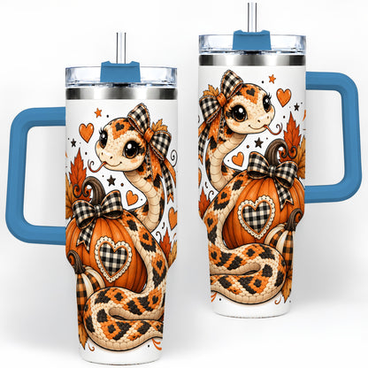 #pl[40oz|Blue] Cute Fall Snake 40oz Tumbler, Maple Leaf Pumpkin Seasonal Artwork