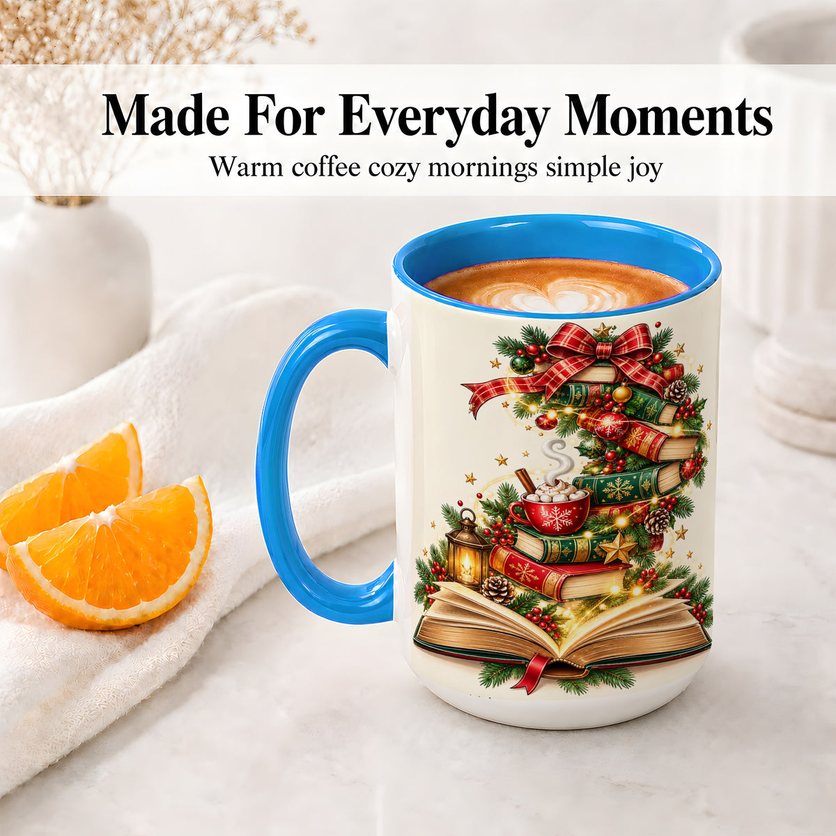 #pl[15oz|Blue] Christmas Book Lover Ceramic Mug, Cozy Holiday Reading Artwork