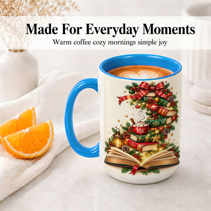 #pl[15oz|Blue] Christmas Book Lover Ceramic Mug, Cozy Holiday Reading Artwork