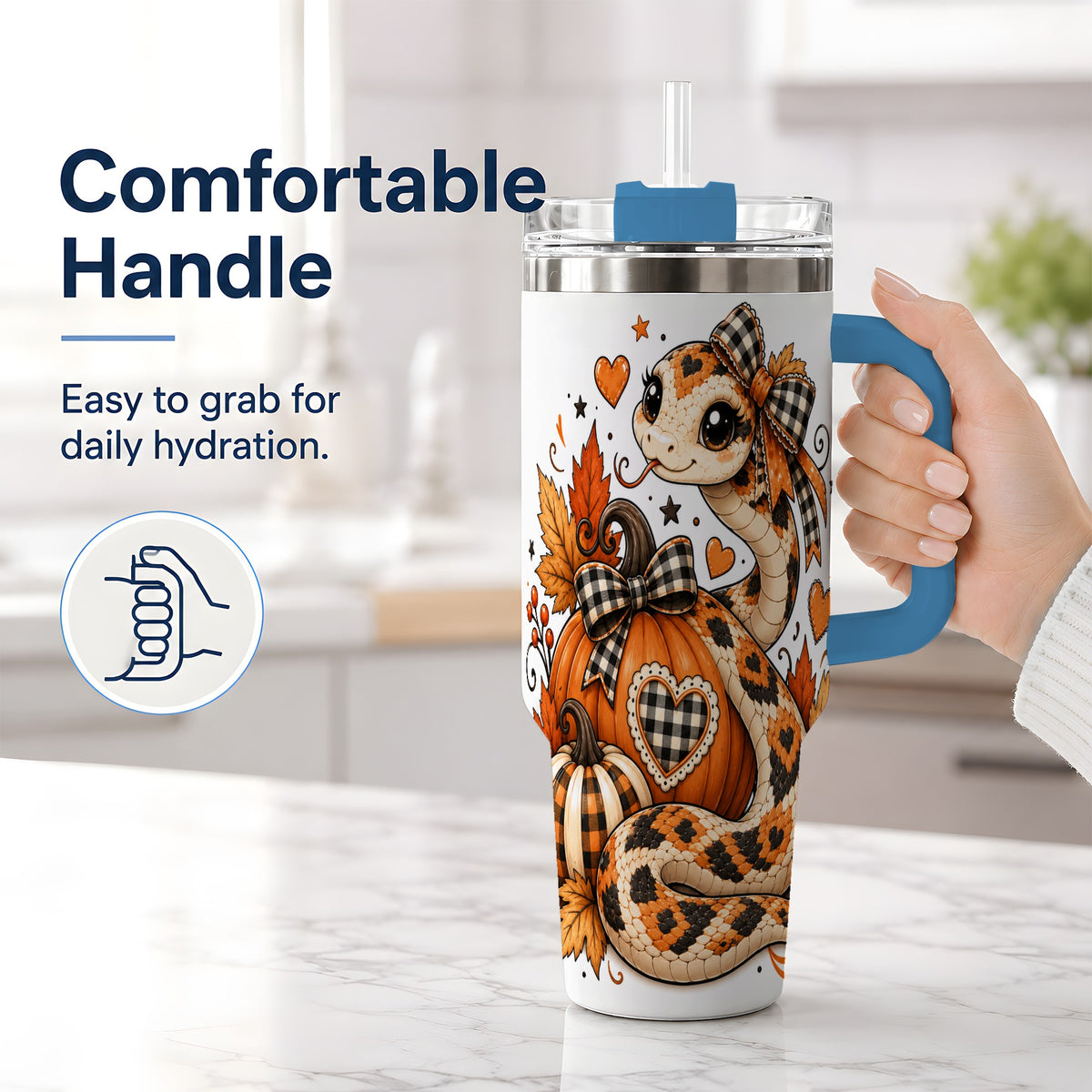 #pl[40oz|Blue] Cute Fall Snake 40oz Tumbler, Maple Leaf Pumpkin Seasonal Artwork