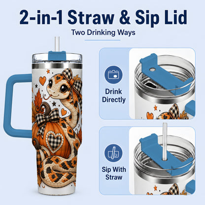 #pl[40oz|Blue] Cute Fall Snake 40oz Tumbler, Maple Leaf Pumpkin Seasonal Artwork