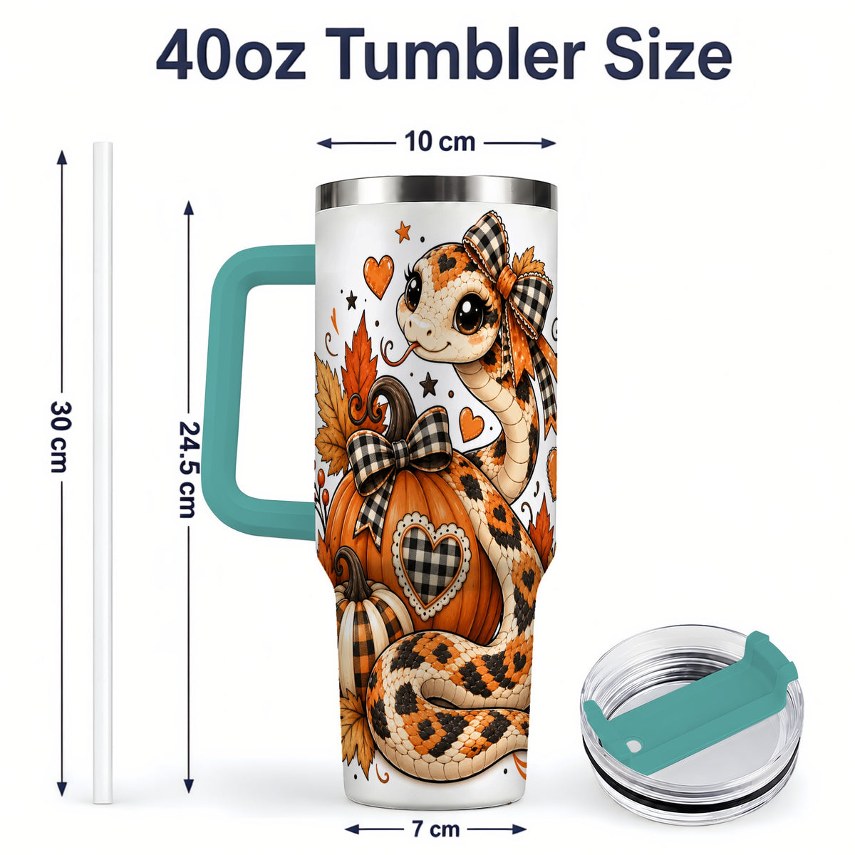#pl[40oz|Green] Cute Fall Snake 40oz Tumbler, Maple Leaf Pumpkin Seasonal Artwork