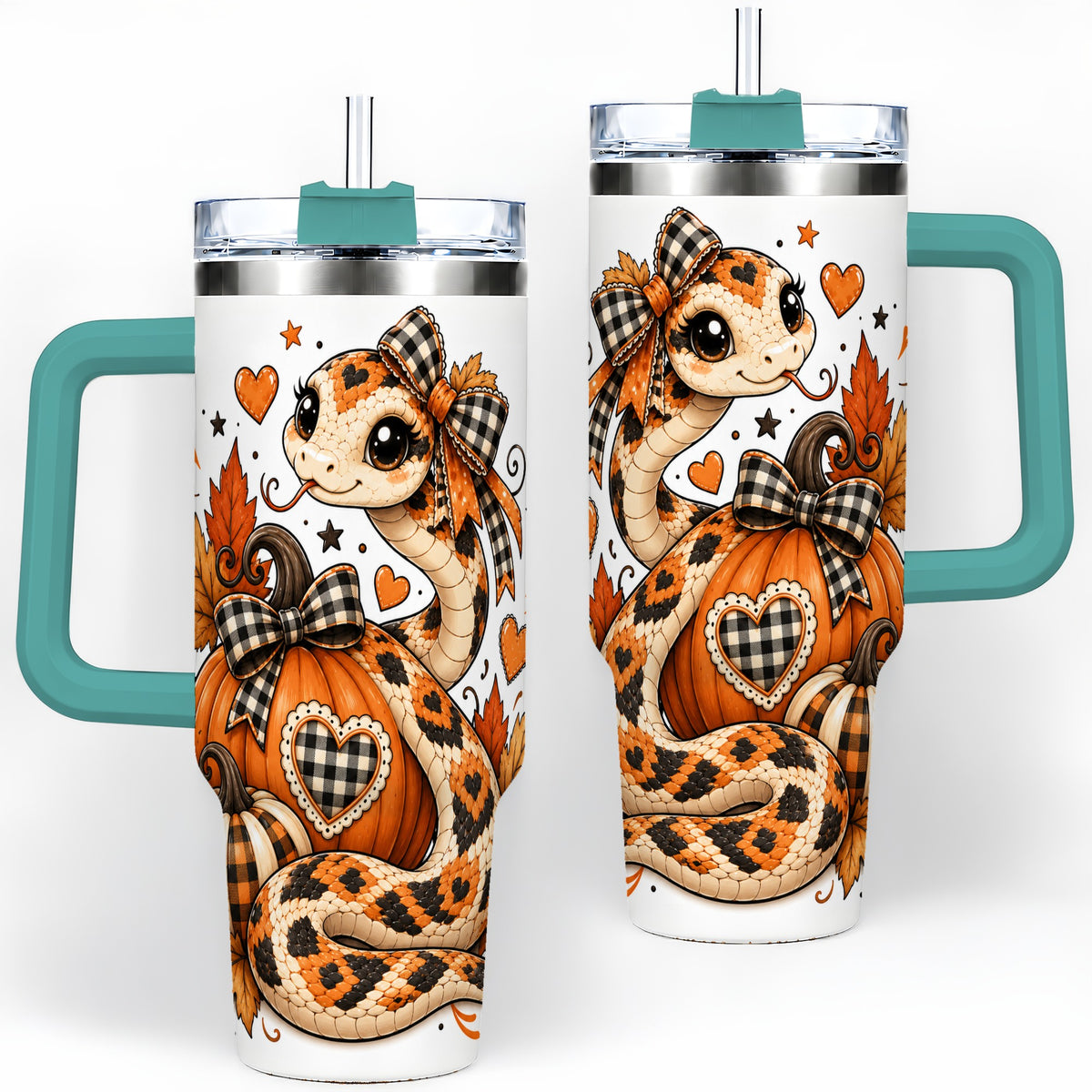 #pl[40oz|Green] Cute Fall Snake 40oz Tumbler, Maple Leaf Pumpkin Seasonal Artwork