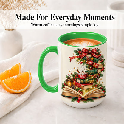 #pl[15oz|Green] Christmas Book Lover Ceramic Mug, Cozy Holiday Reading Artwork