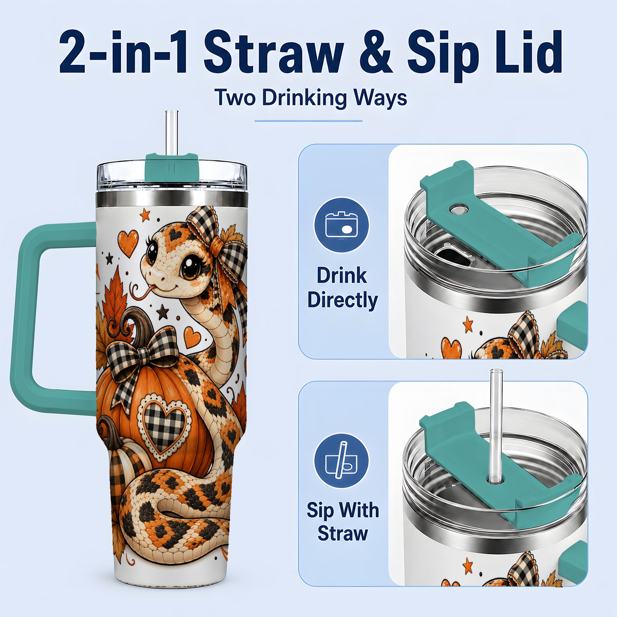 #pl[40oz|Green] Cute Fall Snake 40oz Tumbler, Maple Leaf Pumpkin Seasonal Artwork