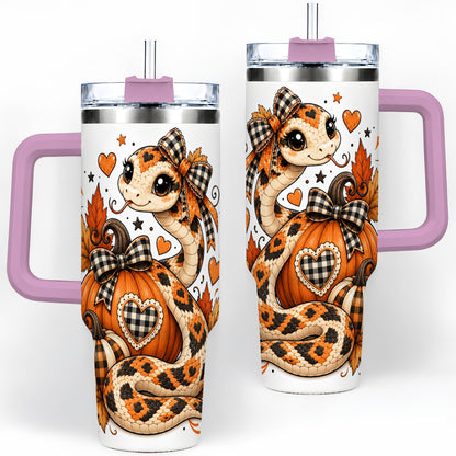 #pl[40oz|Pink] Cute Fall Snake 40oz Tumbler, Maple Leaf Pumpkin Seasonal Artwork