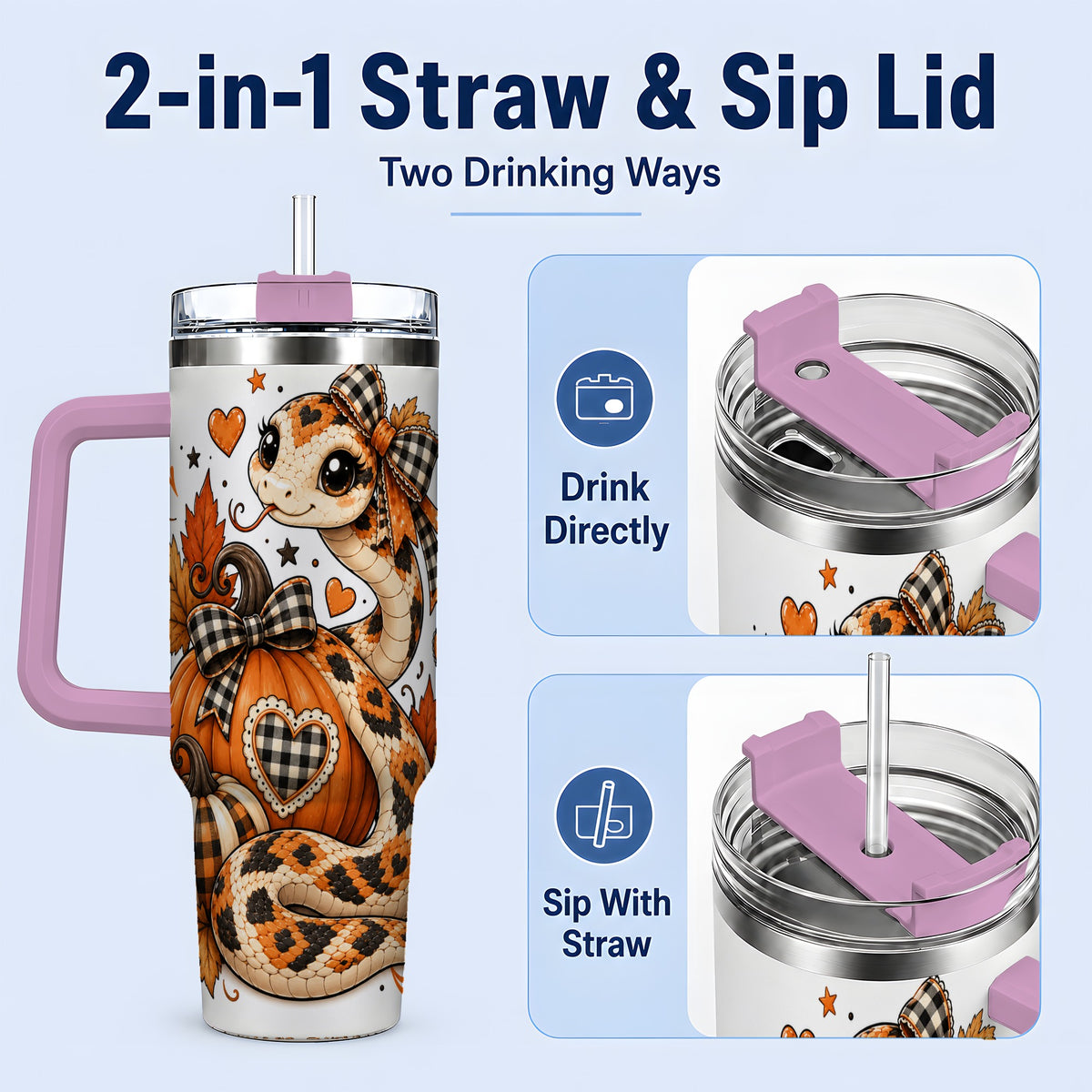 #pl[40oz|Pink] Cute Fall Snake 40oz Tumbler, Maple Leaf Pumpkin Seasonal Artwork