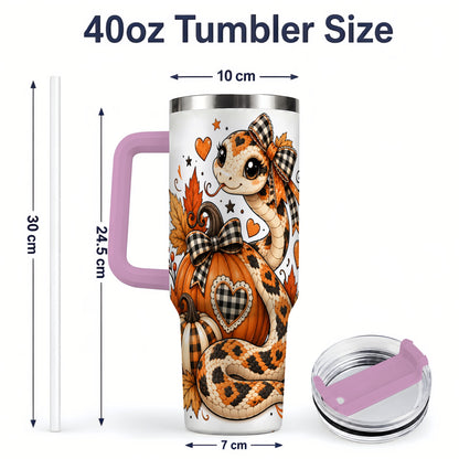 #pl[40oz|Pink] Cute Fall Snake 40oz Tumbler, Maple Leaf Pumpkin Seasonal Artwork