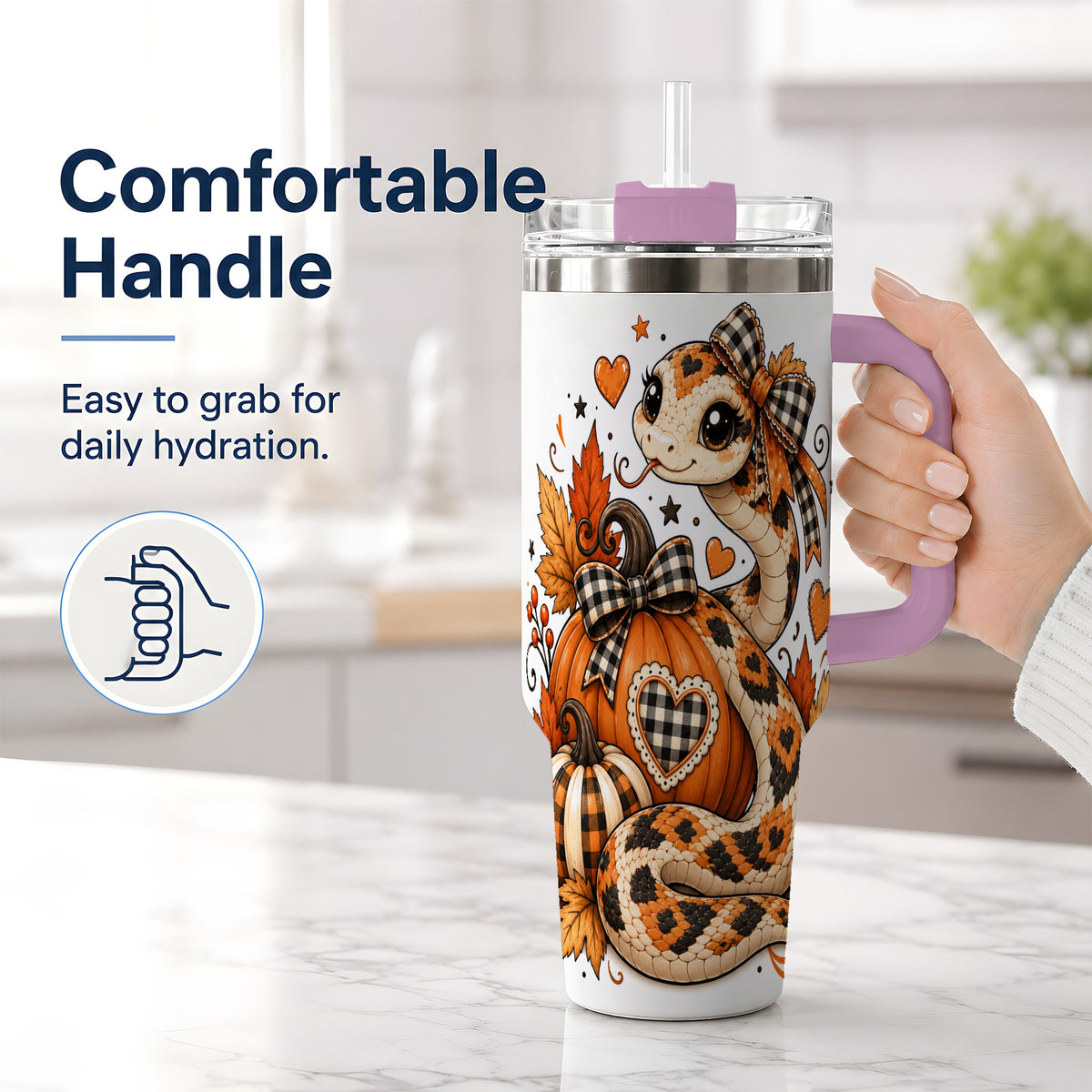 #pl[40oz|Pink] Cute Fall Snake 40oz Tumbler, Maple Leaf Pumpkin Seasonal Artwork