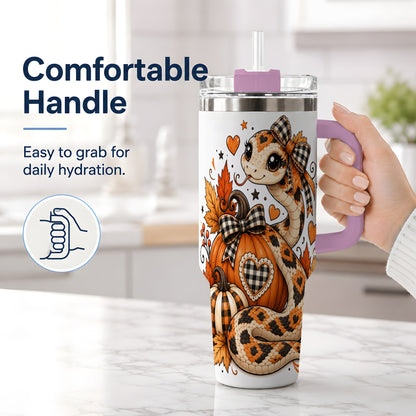 #pl[40oz|Pink] Cute Fall Snake 40oz Tumbler, Maple Leaf Pumpkin Seasonal Artwork
