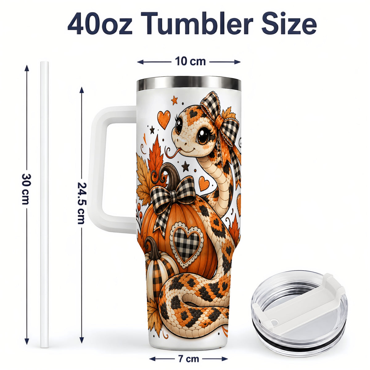 #pl[40oz|White] Cute Fall Snake 40oz Tumbler, Maple Leaf Pumpkin Seasonal Artwork