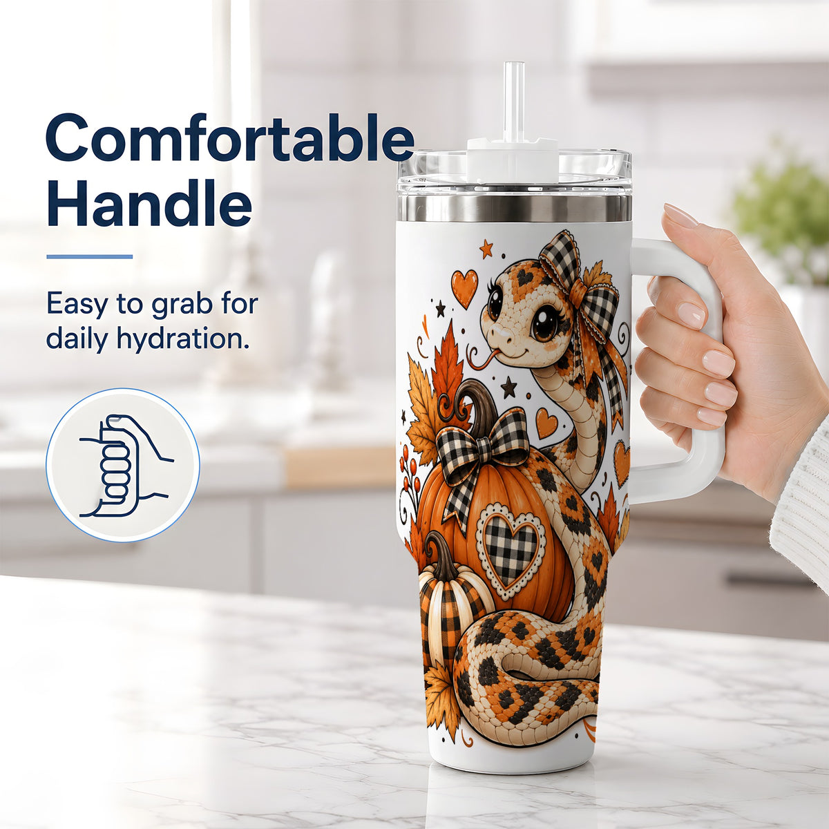 #pl[40oz|White] Cute Fall Snake 40oz Tumbler, Maple Leaf Pumpkin Seasonal Artwork