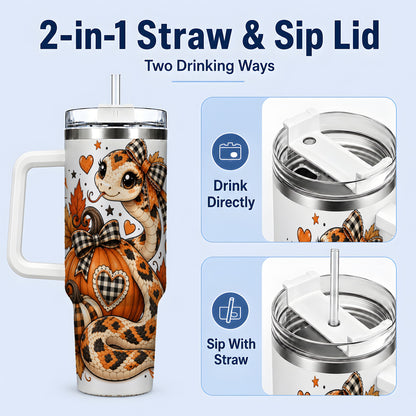 #pl[40oz|White] Cute Fall Snake 40oz Tumbler, Maple Leaf Pumpkin Seasonal Artwork