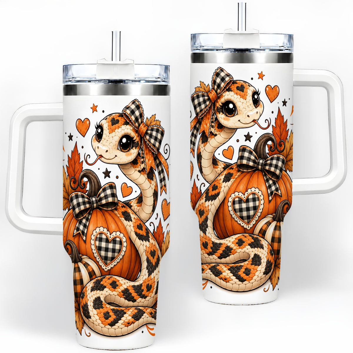 Cute Fall Snake 40oz Tumbler, Maple Leaf Pumpkin Seasonal Artwork
