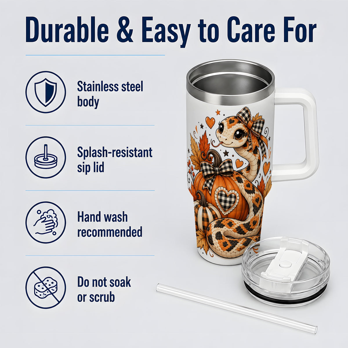Cute Fall Snake 40oz Tumbler, Maple Leaf Pumpkin Seasonal Artwork