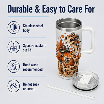 Cute Fall Snake 40oz Tumbler, Maple Leaf Pumpkin Seasonal Artwork