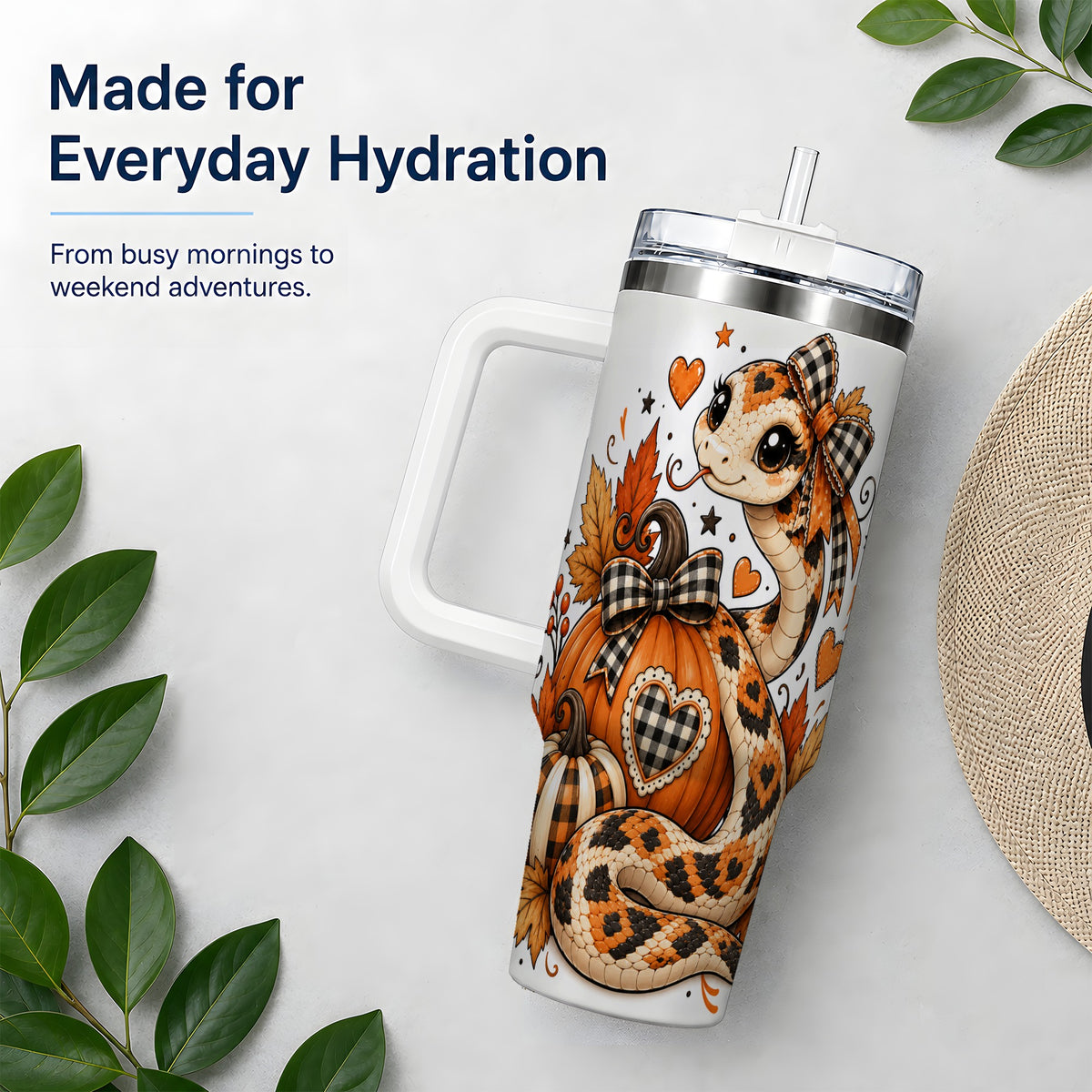 Cute Fall Snake 40oz Tumbler, Maple Leaf Pumpkin Seasonal Artwork