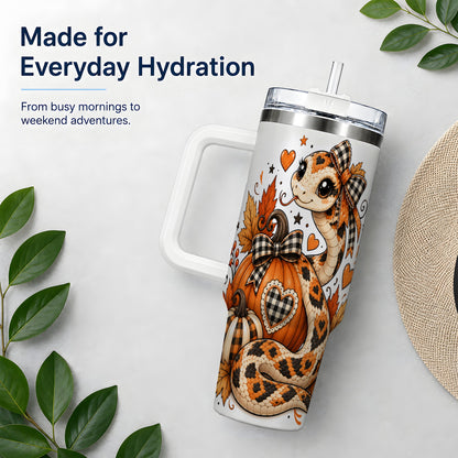 Cute Fall Snake 40oz Tumbler, Maple Leaf Pumpkin Seasonal Artwork