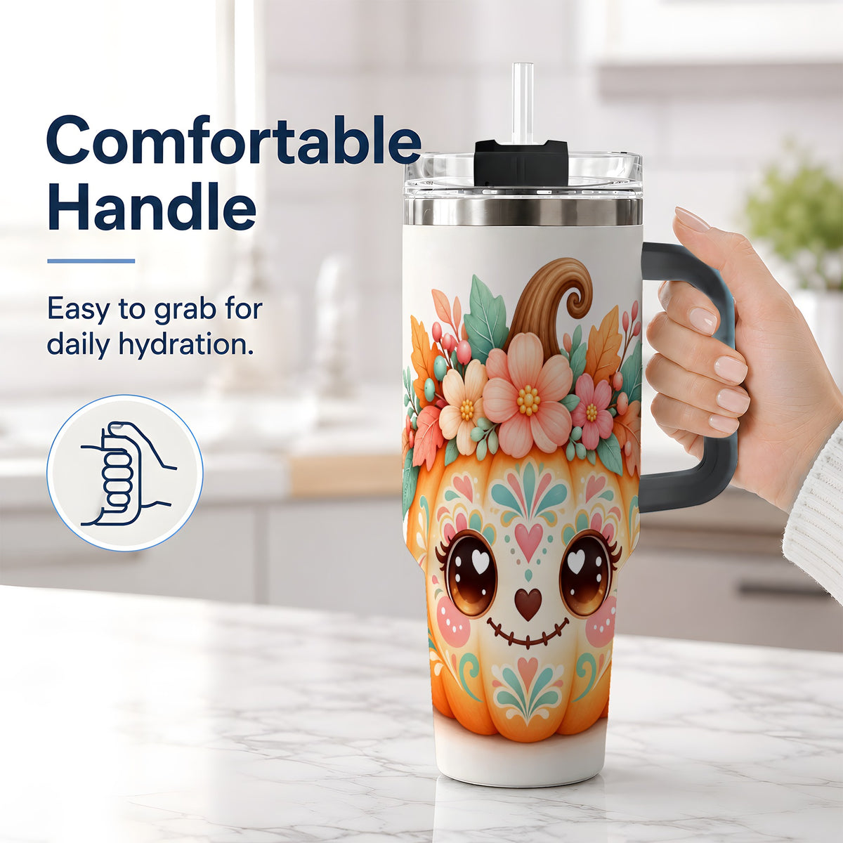#pl[40oz|Black] Cute Floral Pumpkin 40oz Tumbler, Smiling Autumn Folk Art Artwork
