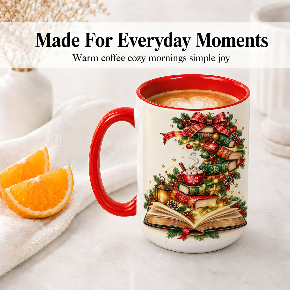 #pl[15oz|Red] Christmas Book Lover Ceramic Mug, Cozy Holiday Reading Artwork