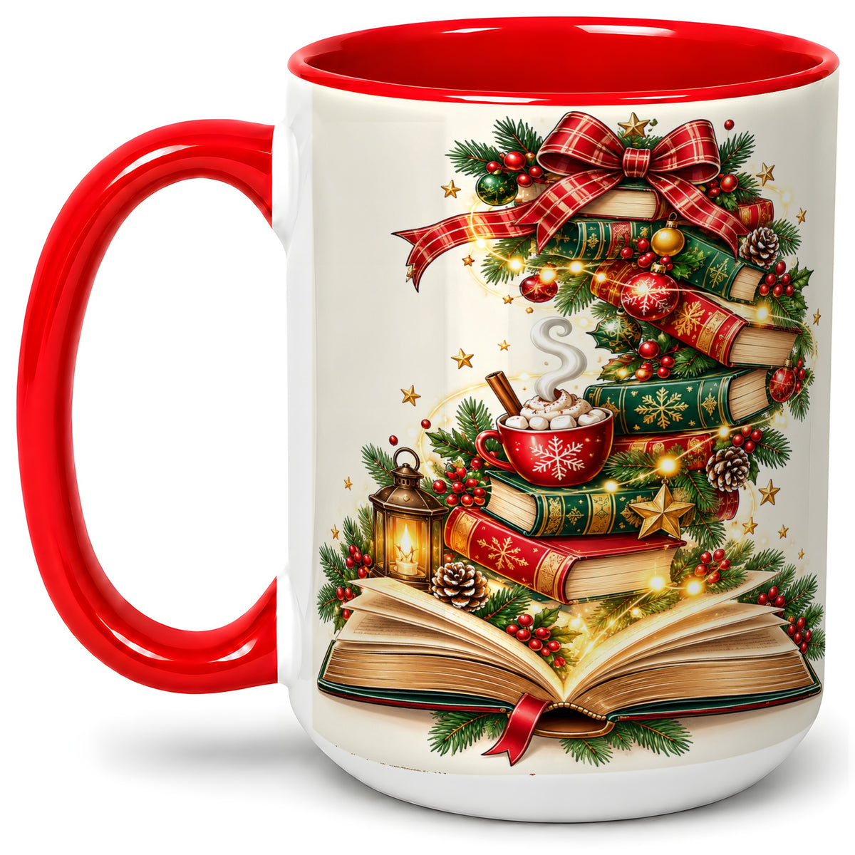 #pl[15oz|Red] Christmas Book Lover Ceramic Mug, Cozy Holiday Reading Artwork