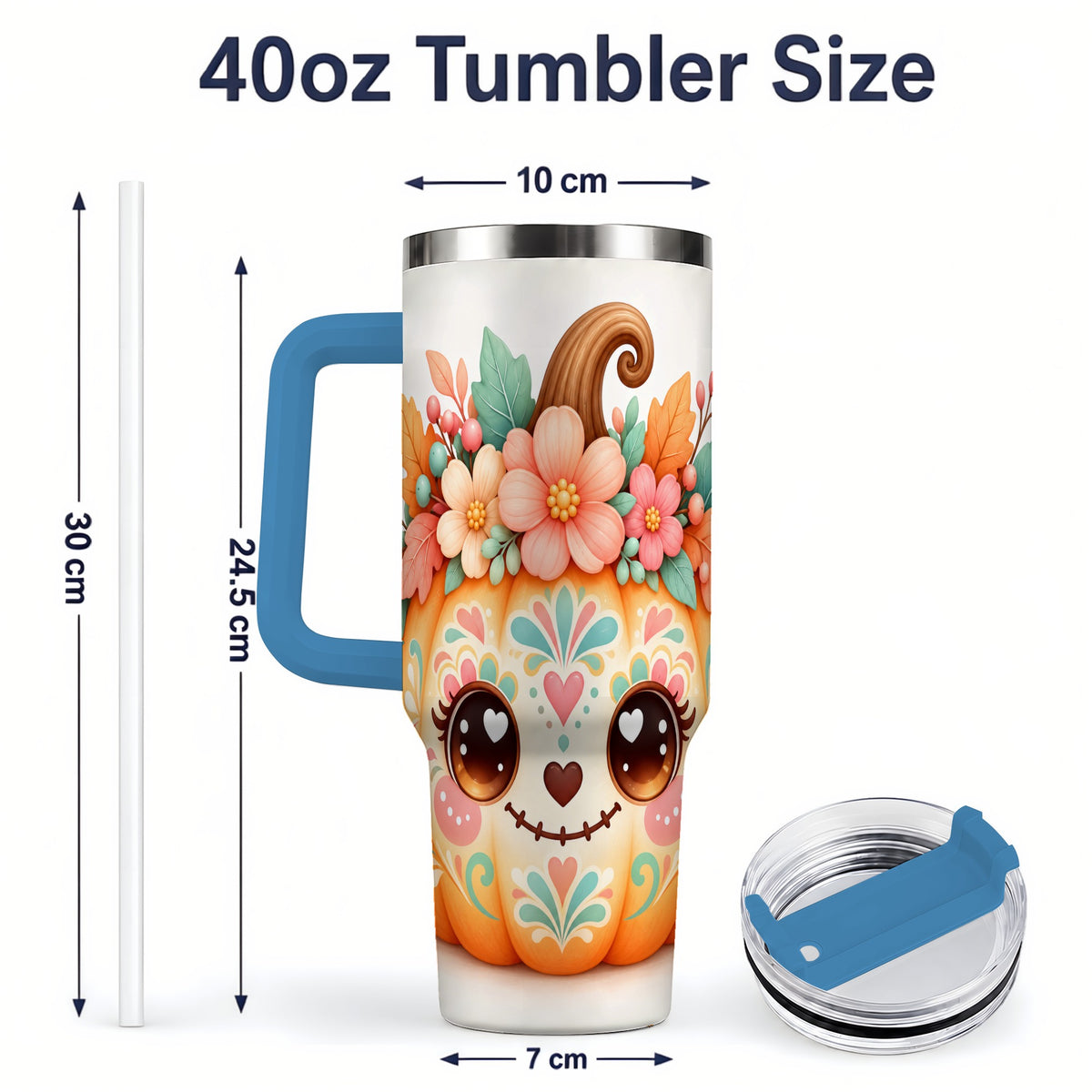 #pl[40oz|Blue] Cute Floral Pumpkin 40oz Tumbler, Smiling Autumn Folk Art Artwork