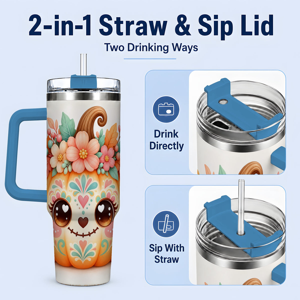 #pl[40oz|Blue] Cute Floral Pumpkin 40oz Tumbler, Smiling Autumn Folk Art Artwork