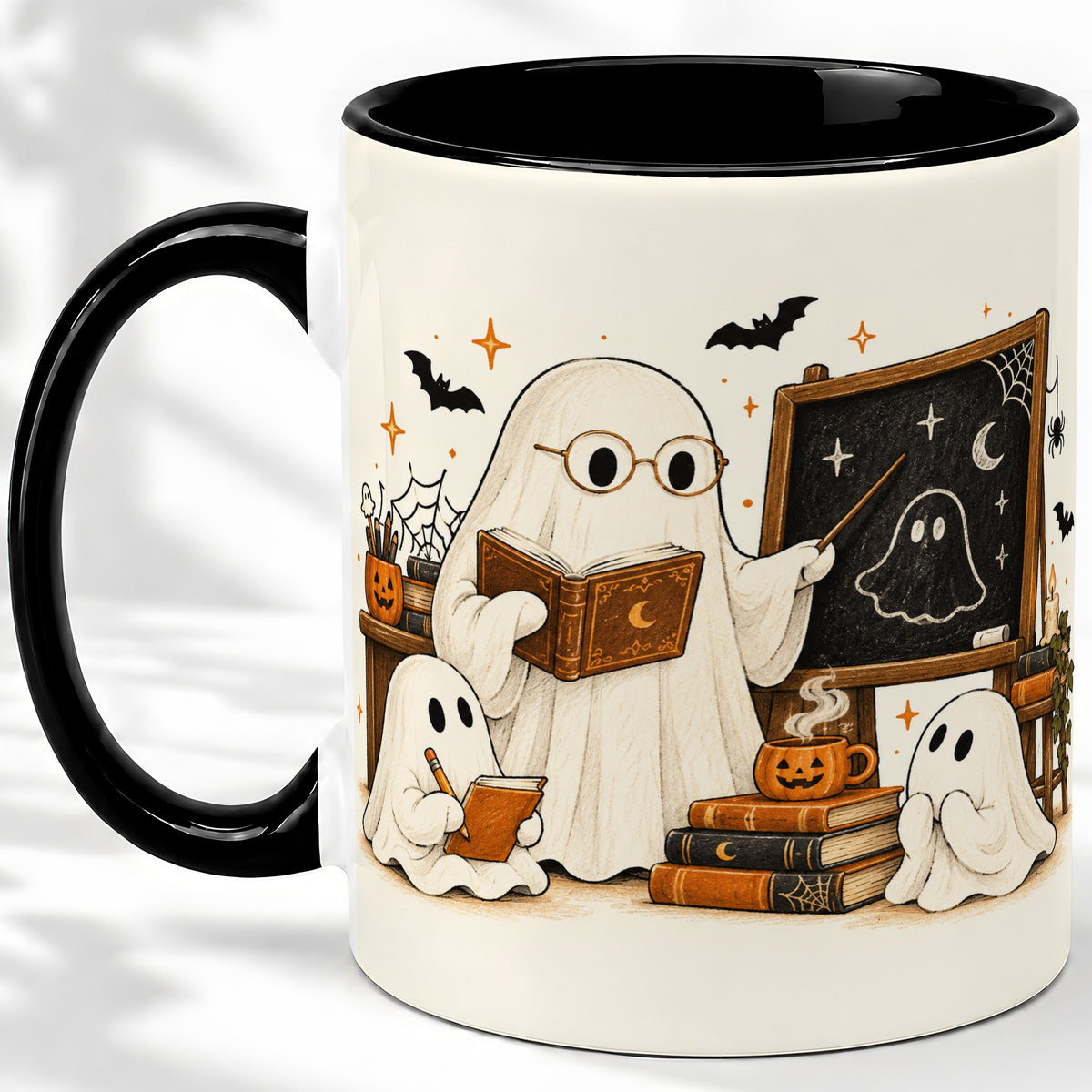 #pl[11oz|Black] Halloween Teacher Ghost Ceramic Mug, Spooky Classroom Artwork