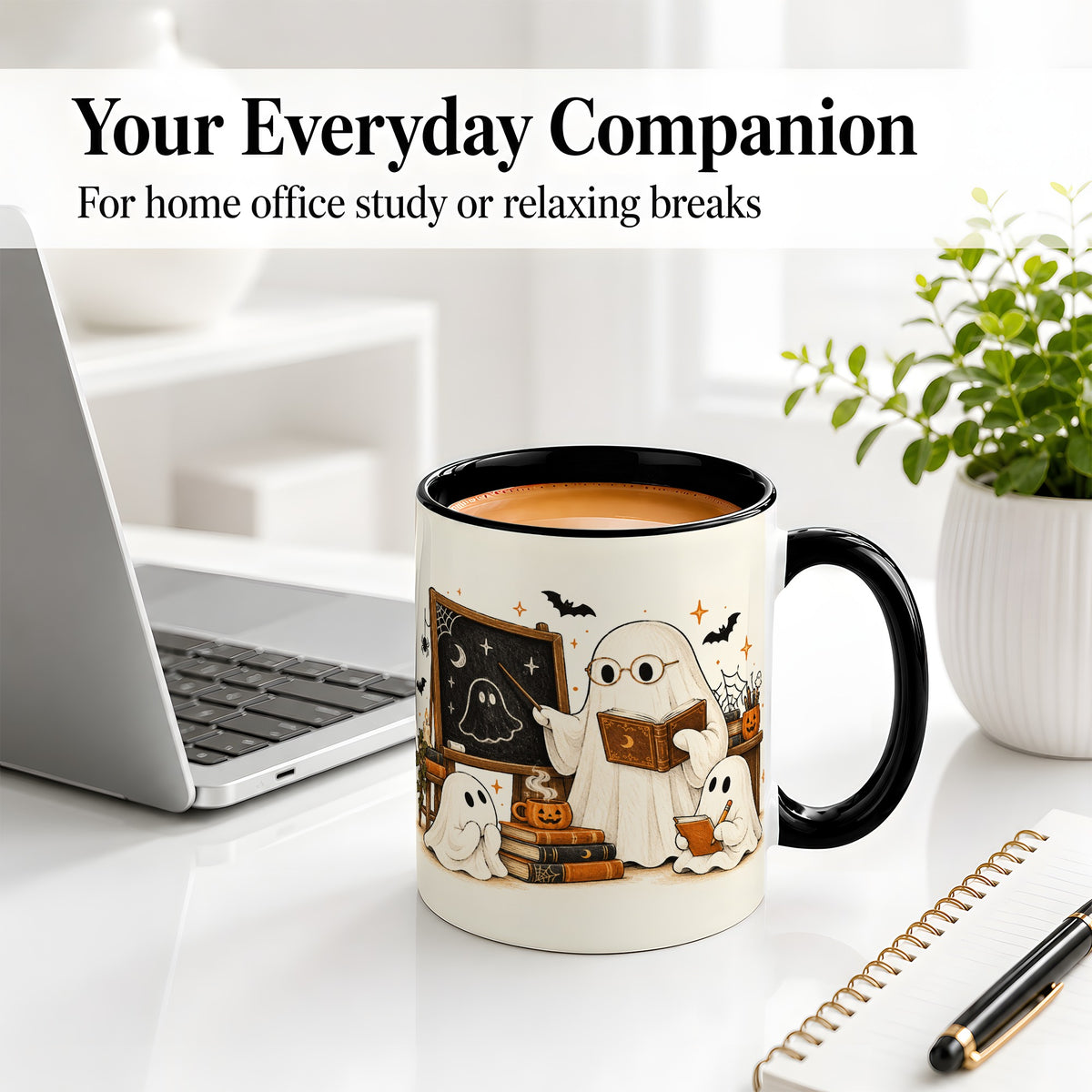 #pl[11oz|Black] Halloween Teacher Ghost Ceramic Mug, Spooky Classroom Artwork