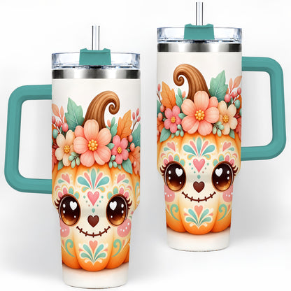 #pl[40oz|Green] Cute Floral Pumpkin 40oz Tumbler, Smiling Autumn Folk Art Artwork