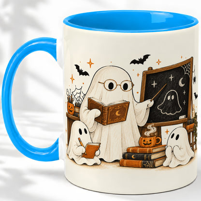 #pl[11oz|Blue] Halloween Teacher Ghost Ceramic Mug, Spooky Classroom Artwork