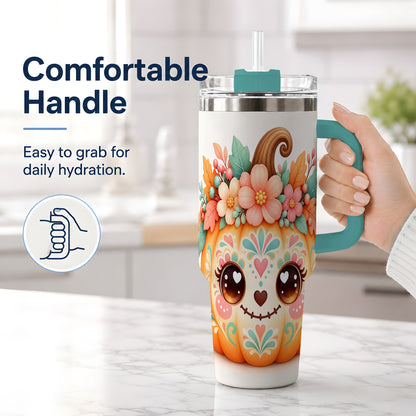 #pl[40oz|Green] Cute Floral Pumpkin 40oz Tumbler, Smiling Autumn Folk Art Artwork