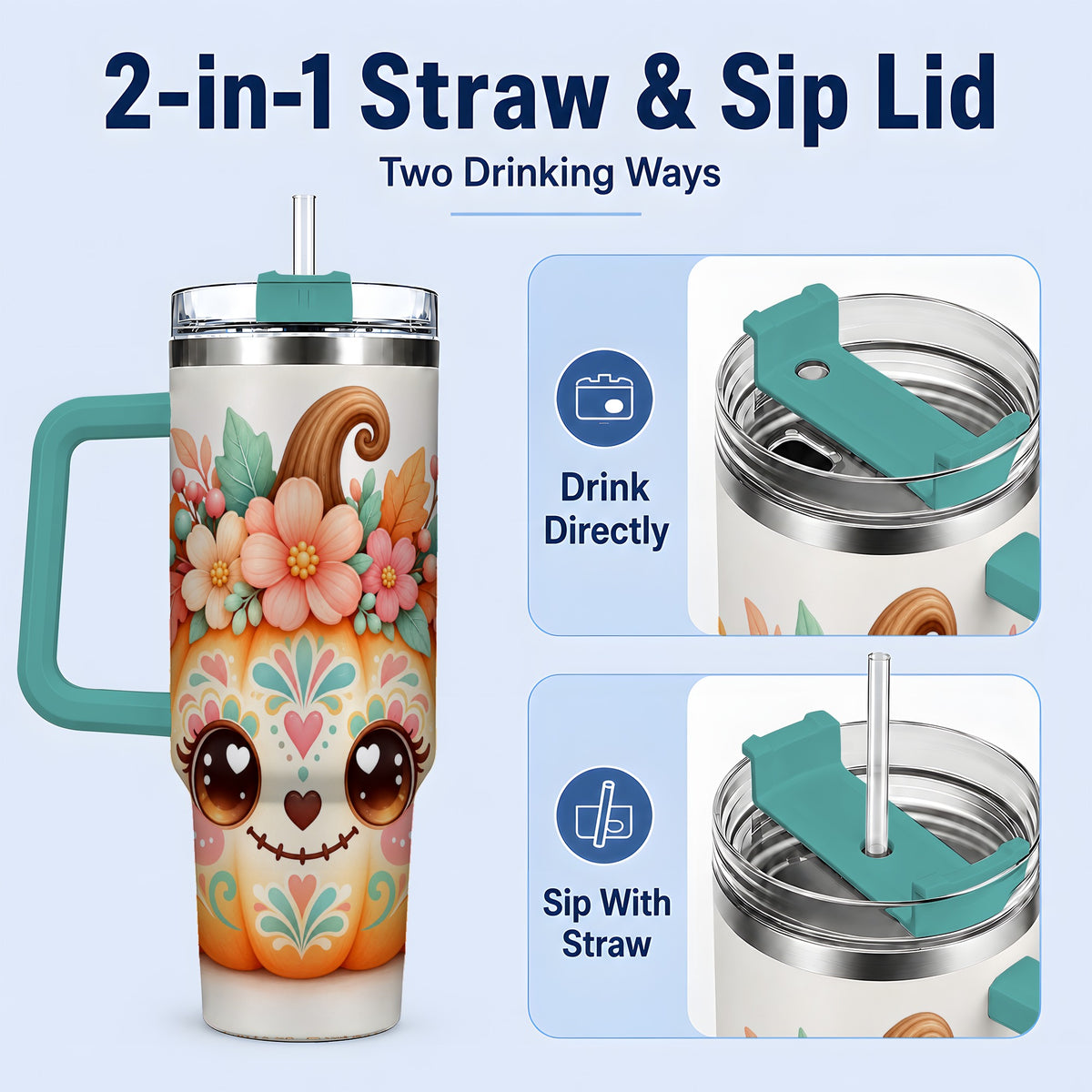 #pl[40oz|Green] Cute Floral Pumpkin 40oz Tumbler, Smiling Autumn Folk Art Artwork