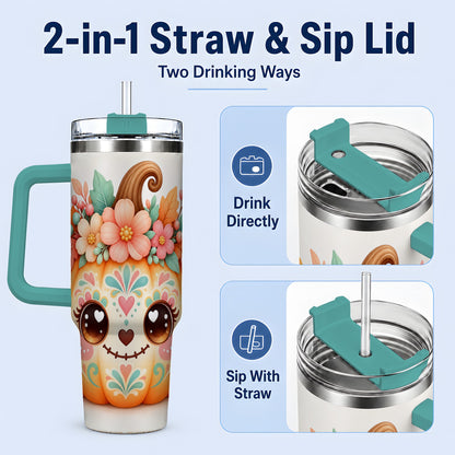 #pl[40oz|Green] Cute Floral Pumpkin 40oz Tumbler, Smiling Autumn Folk Art Artwork