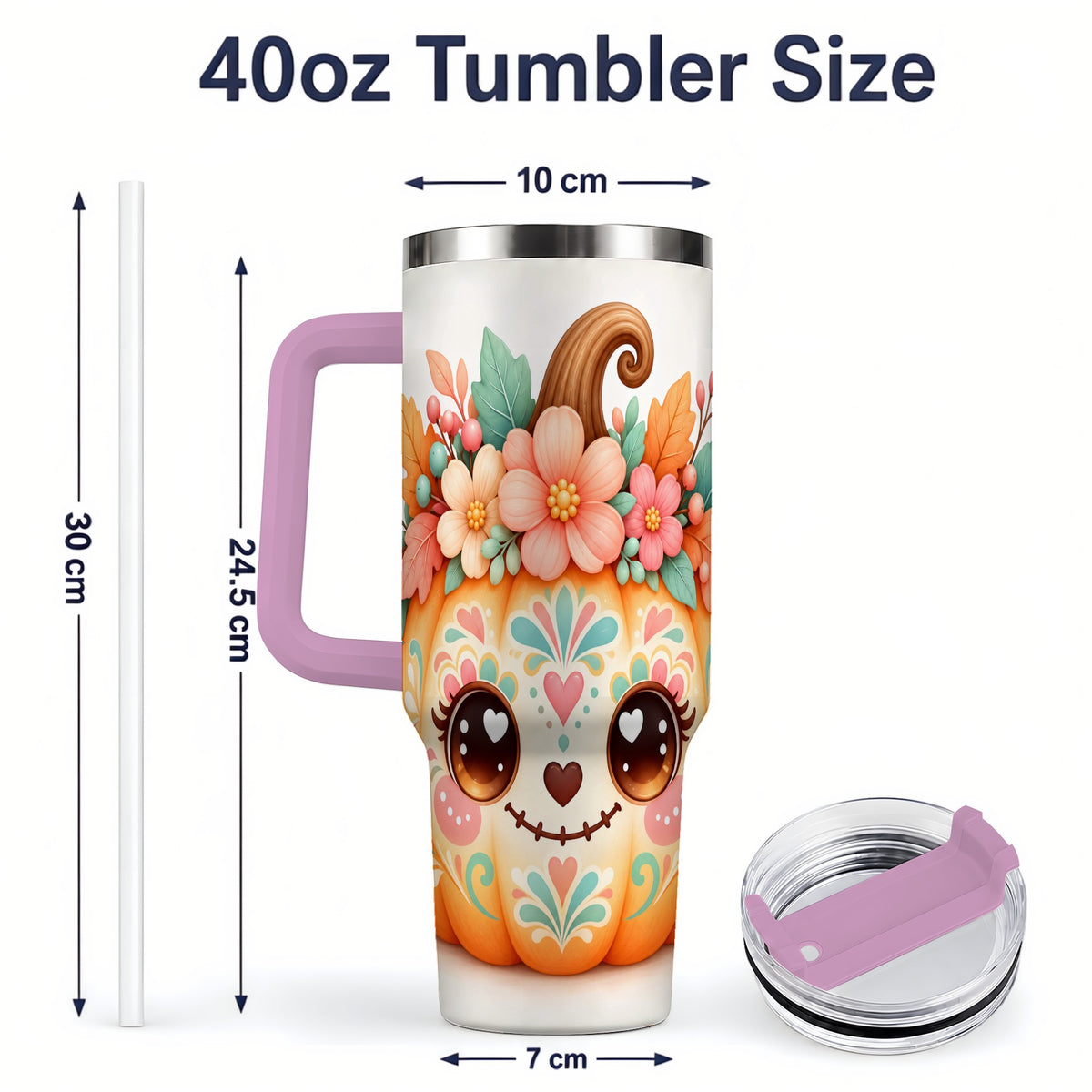 #pl[40oz|Pink] Cute Floral Pumpkin 40oz Tumbler, Smiling Autumn Folk Art Artwork
