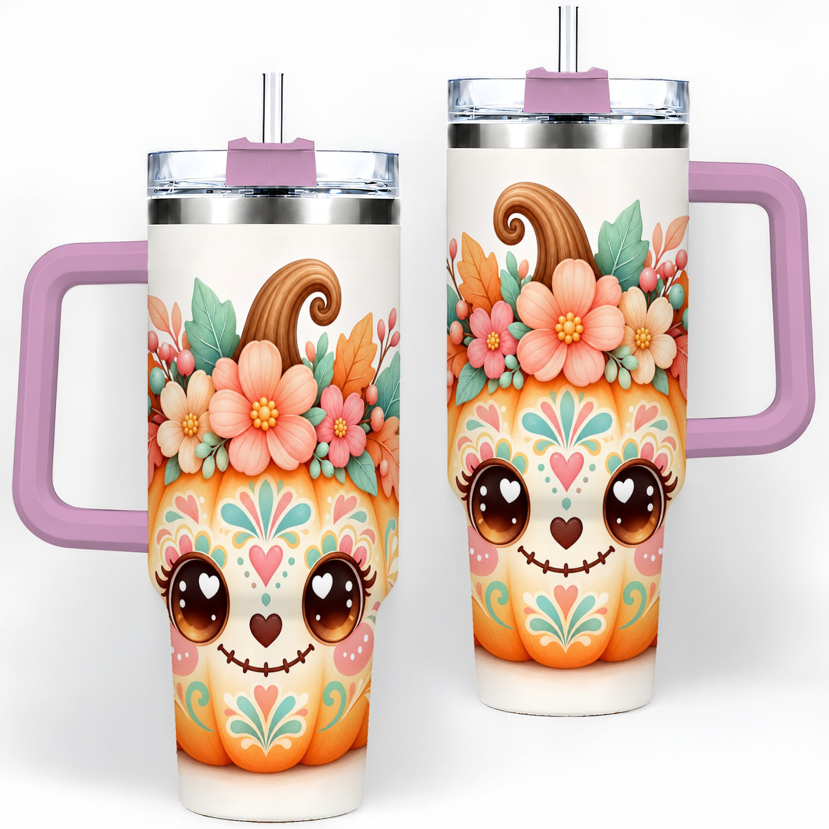 #pl[40oz|Pink] Cute Floral Pumpkin 40oz Tumbler, Smiling Autumn Folk Art Artwork