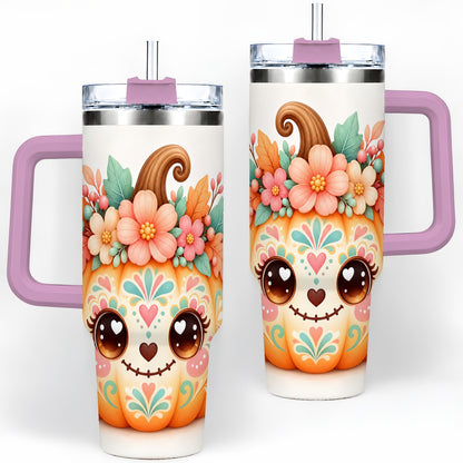 #pl[40oz|Pink] Cute Floral Pumpkin 40oz Tumbler, Smiling Autumn Folk Art Artwork