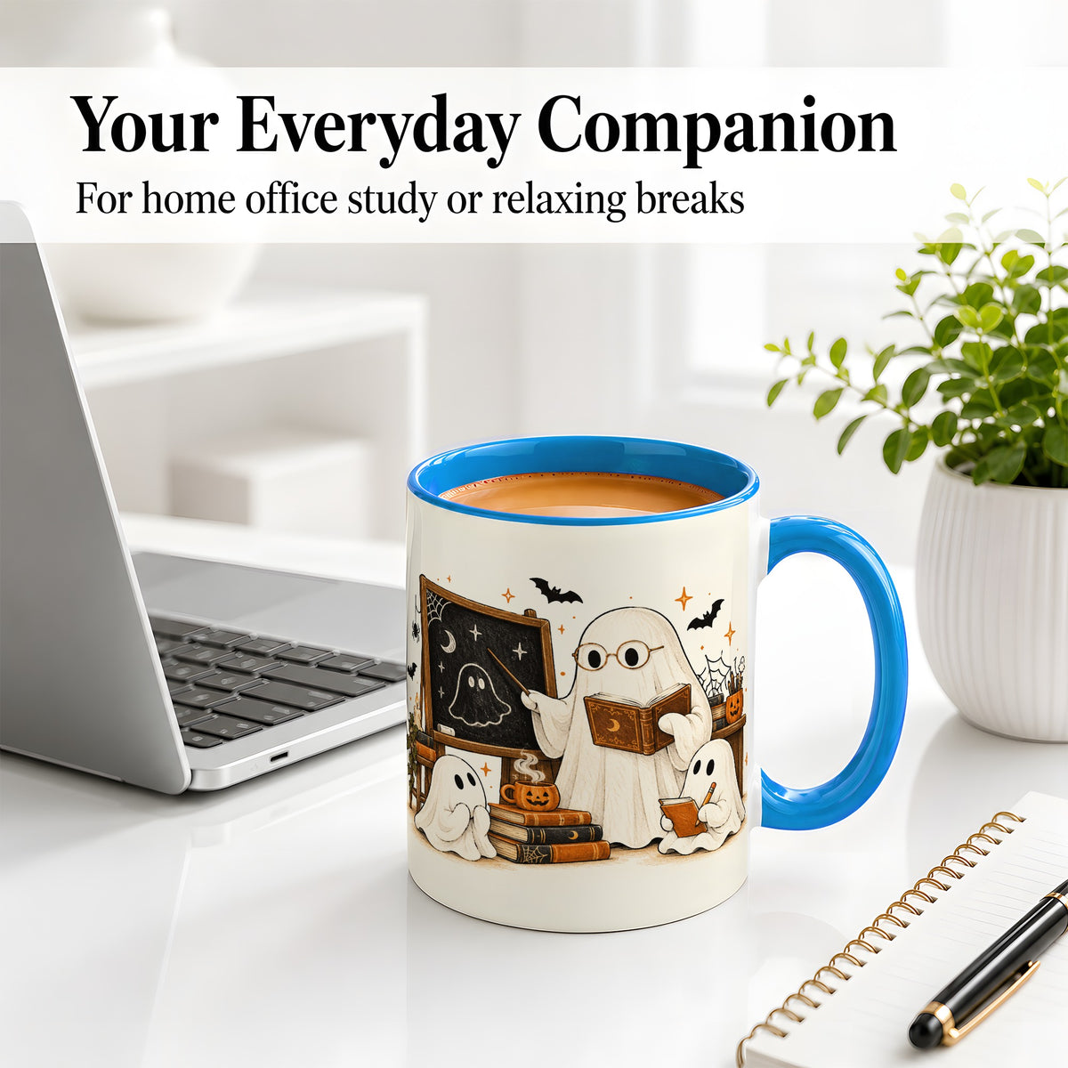 #pl[11oz|Blue] Halloween Teacher Ghost Ceramic Mug, Spooky Classroom Artwork