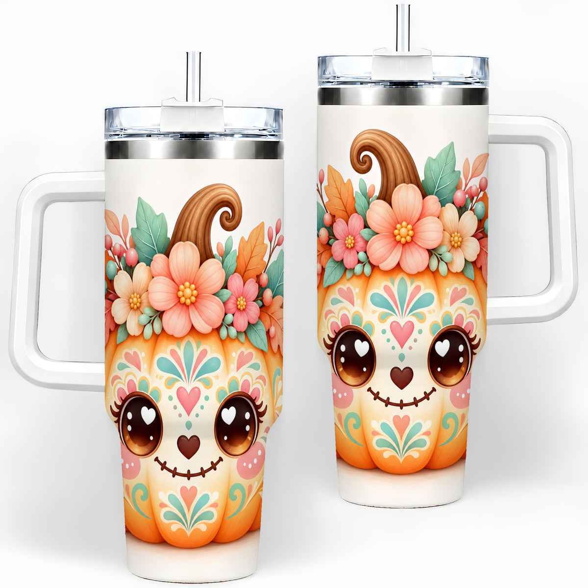 Cute Floral Pumpkin 40oz Tumbler, Smiling Autumn Folk Art Artwork
