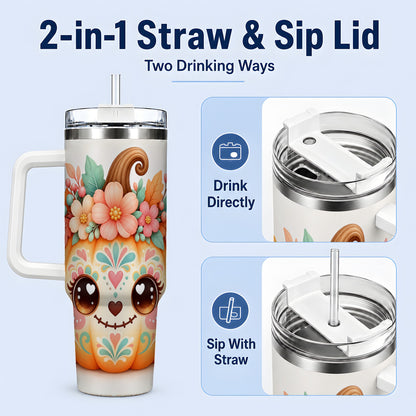 #pl[40oz|White] Cute Floral Pumpkin 40oz Tumbler, Smiling Autumn Folk Art Artwork