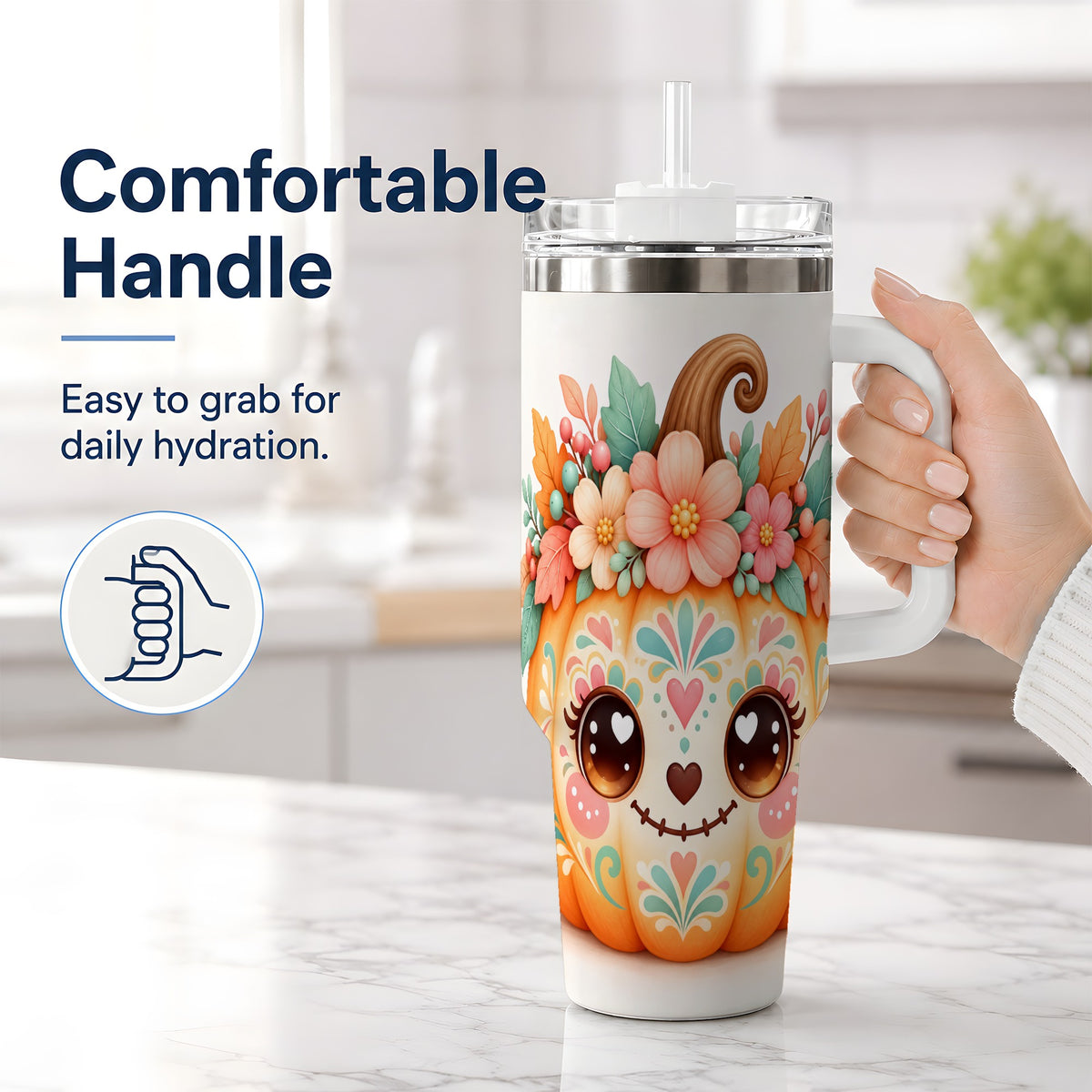 #pl[40oz|White] Cute Floral Pumpkin 40oz Tumbler, Smiling Autumn Folk Art Artwork