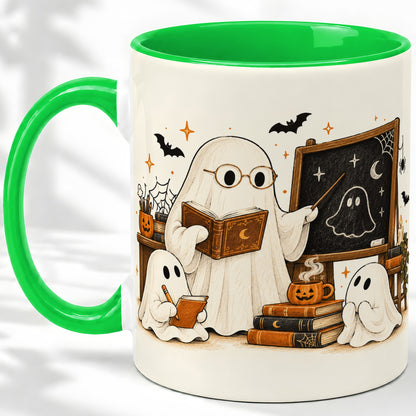 #pl[11oz|Green] Halloween Teacher Ghost Ceramic Mug, Spooky Classroom Artwork