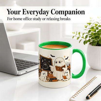 #pl[11oz|Green] Halloween Teacher Ghost Ceramic Mug, Spooky Classroom Artwork