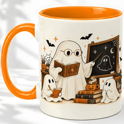 #pl[11oz|Orange] Halloween Teacher Ghost Ceramic Mug, Spooky Classroom Artwork