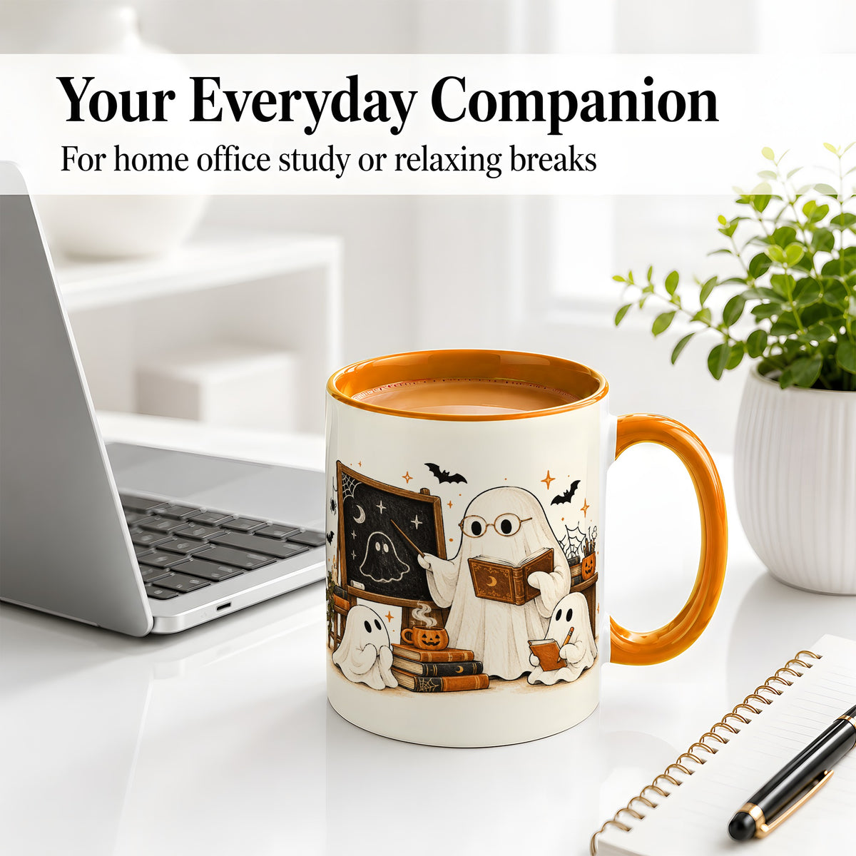 #pl[11oz|Orange] Halloween Teacher Ghost Ceramic Mug, Spooky Classroom Artwork