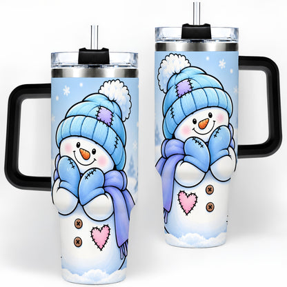 #pl[40oz|Black] Cute Winter Snowman 40oz Tumbler, Blue Hat Scarf and Heart Artwork