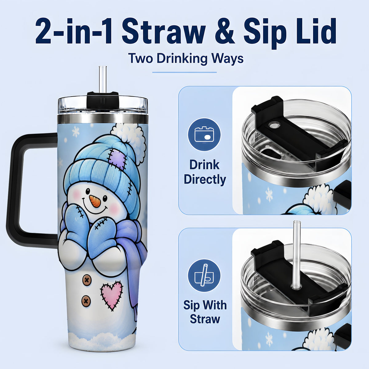 #pl[40oz|Black] Cute Winter Snowman 40oz Tumbler, Blue Hat Scarf and Heart Artwork