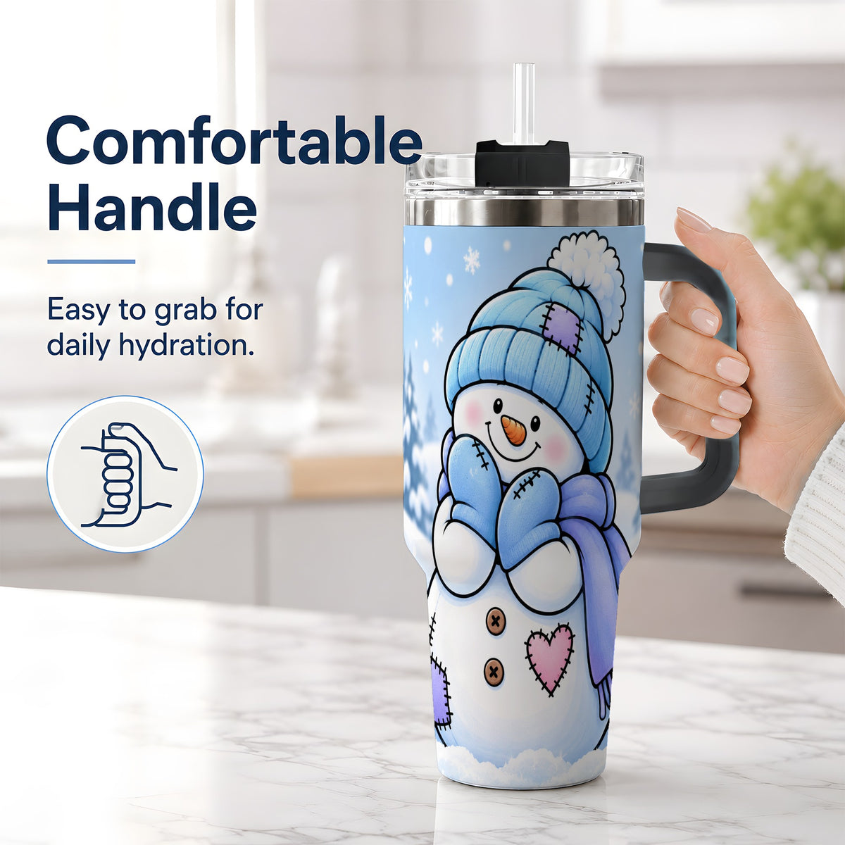 #pl[40oz|Black] Cute Winter Snowman 40oz Tumbler, Blue Hat Scarf and Heart Artwork